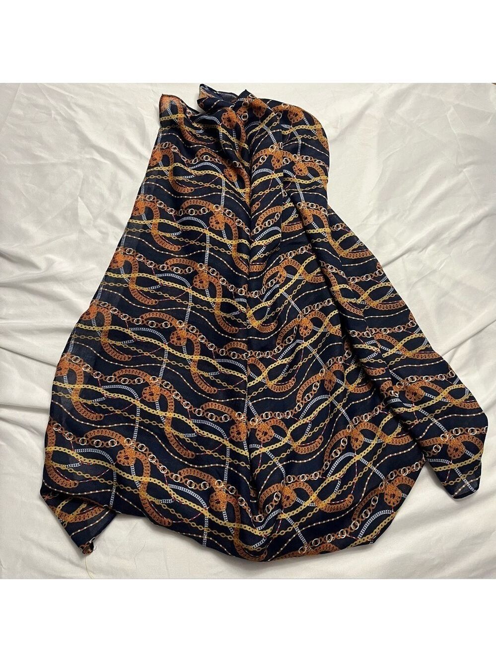 Cleo Equestrian Chain Print Scarf Wrap Shawl Navy Blue